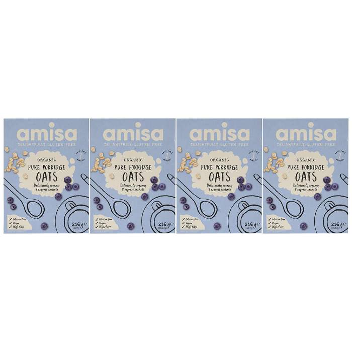 Amisa - Organic Gluten-Free Express Pure Porridge Oats Sachets, 8x27g, Pack of 4