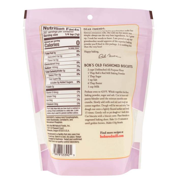 Bob's Red Mill - Aluminium Free GF Baking Powder, 397g - Back