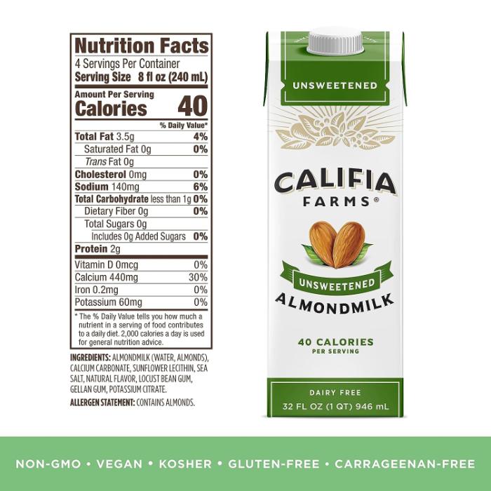 Califia - Almond Unsweetened, 750ml  Pack of 6 - Back