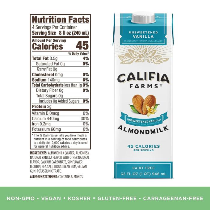 Califia - Almond Unsweetened and Vanilla, 750ml  Pack of 6 - Back