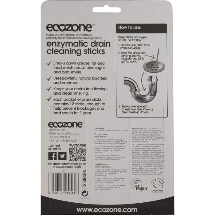 Ecozone - Enzymatic 12 Drain Cleaning Sticks Fragrance Free, 1 Pack