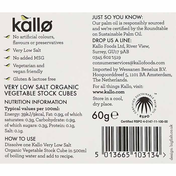 Kallo - Very Low Salt Organic Vegetable Stock Cubes, 6 Cubes  Pack of 15 - back