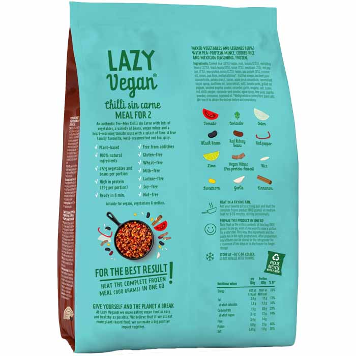 Lazy Vegan - Chilli sin Carne Meal for 2, 800g - Back