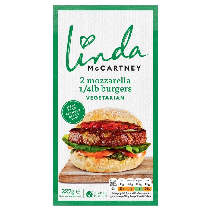 Linda McCartney - 2 Vegetarian Mozzarella Burger, 227g  Pack of 9