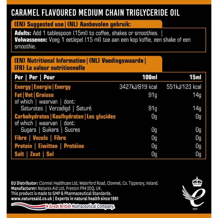 Natures Aid - Caramel 100% MCT Oil, 500ml - Back