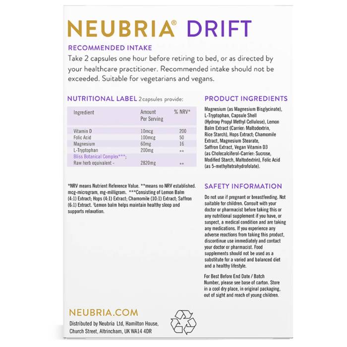 Neubria - Drift Sleep Supplement, 60 Capsules - Back