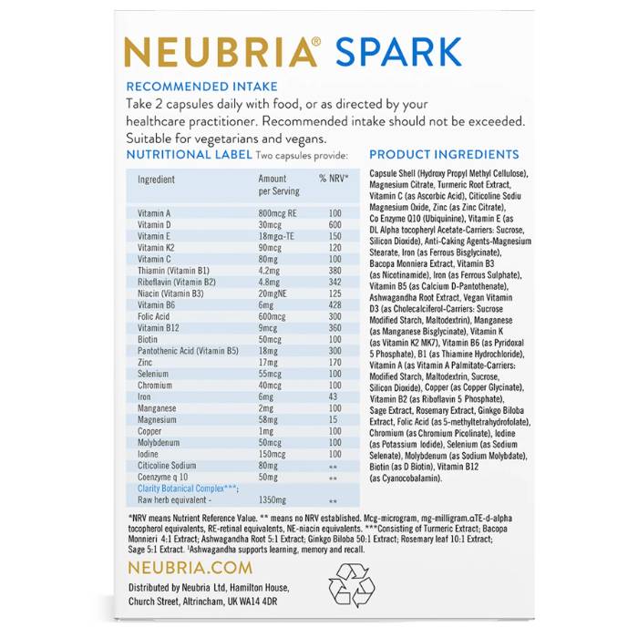 Neubria - Spark Memory Capsules, 60 Capsules - Back