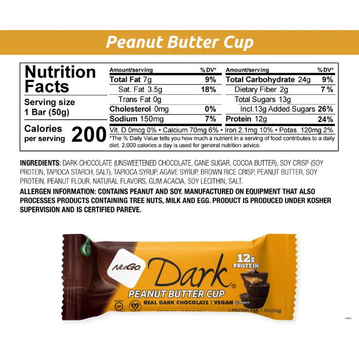 NuGo - Dark Peanut Butter Cup Bar, 50g  Pack of 12 - Back
