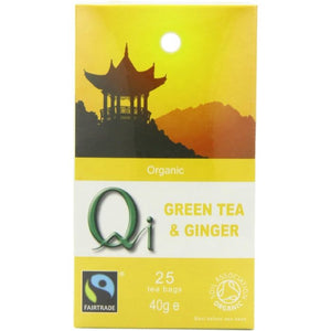 Qi Teas - Organic Fairtrade Green and Ginger Teabags, 25 Bags | Pack of 6