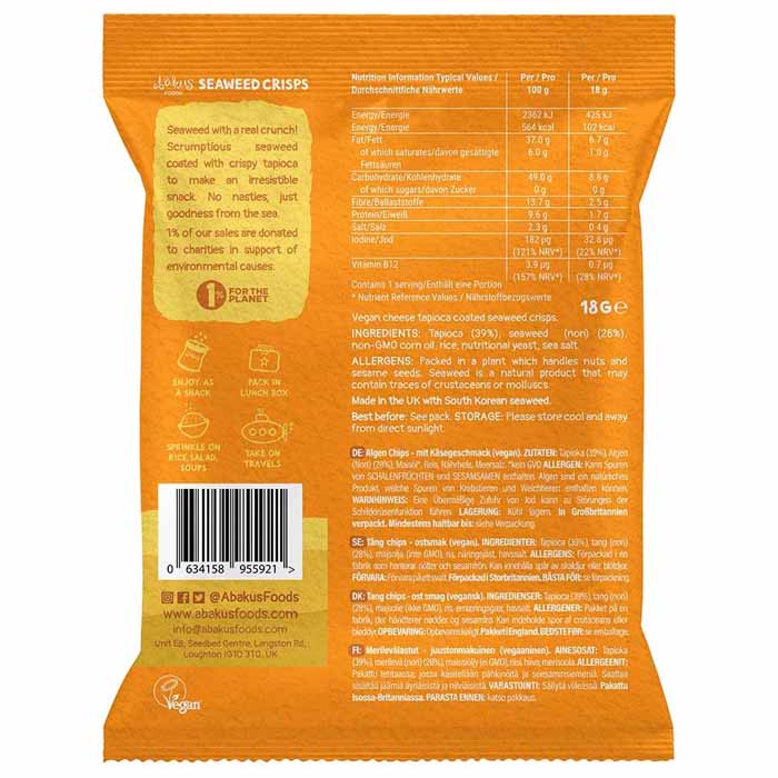 Abakus Foods - Seaweed Crisps - Cheese (1-Pack), 18g - back