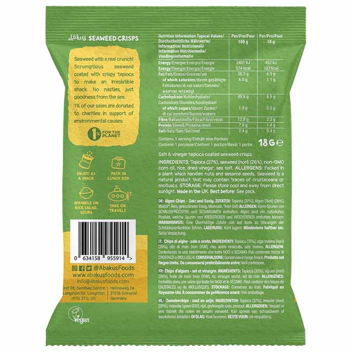 Abakus Foods - Seaweed Crisps - Salt & Vinegar (1-Pack), 18g - back