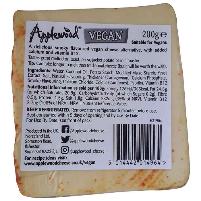 Applewood - Vegan Smoky Cheese (Block & Slices) 200g - Block - back