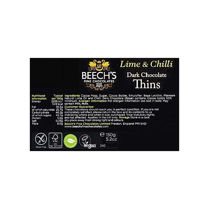 Beech's - Dark Chocolate Thins - Lime & Chilli, 150g - back