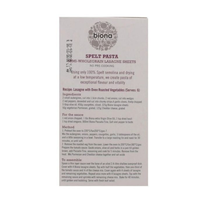 Biona - Organic Semi-Wholegrain Spelt Lasagne Sheets, 250g- back