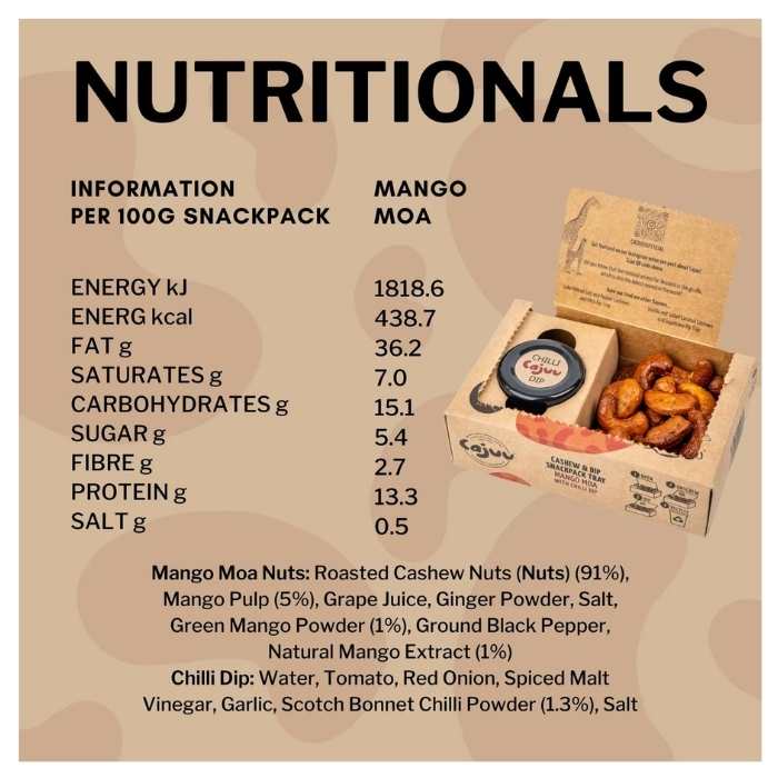 Cajuu - Lake Natron Snackpack Tray Mango Moa Cashew Nuts with Chilli Dip, 100g - back