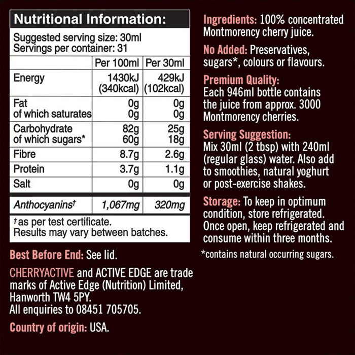 Active Edge - CherryActive® Concentrate - 946ml - nutritional information