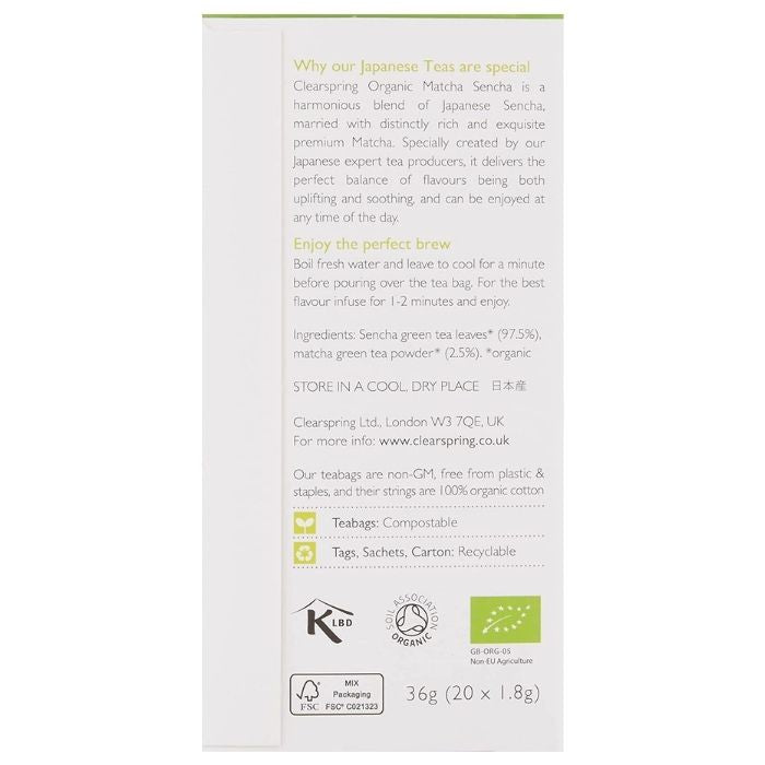 Clearspring - Organic Japanese Matcha Sencha Green Tea, 20 bags - back