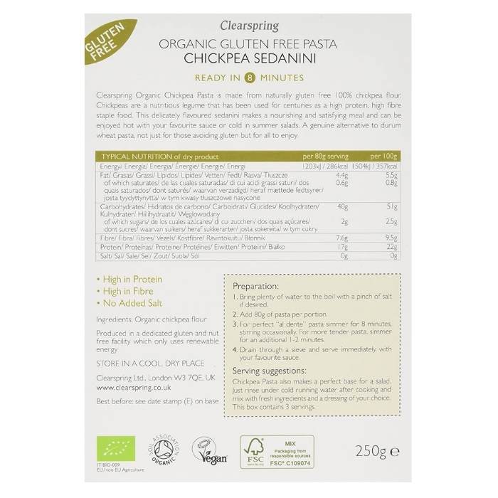 Clearspring Wholefoods - Organic GF Chickpea Pasta - Sedanini, 250g - back