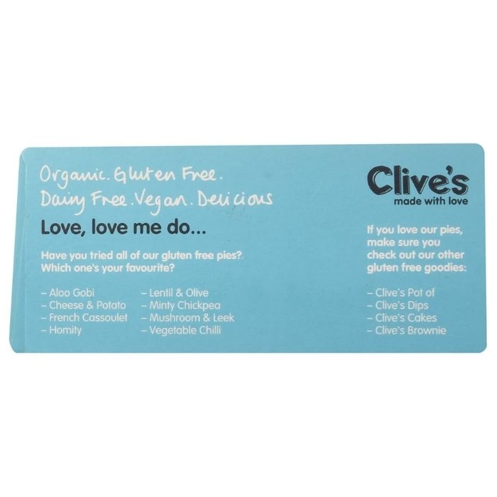 Clives Pies - Organic Gluten-Free Aloo Gobi Pie, 235g - back