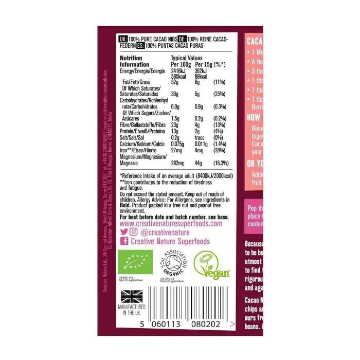 Creative Nature - Organic Raw Peruvian Cacoa Nibs, 150g back