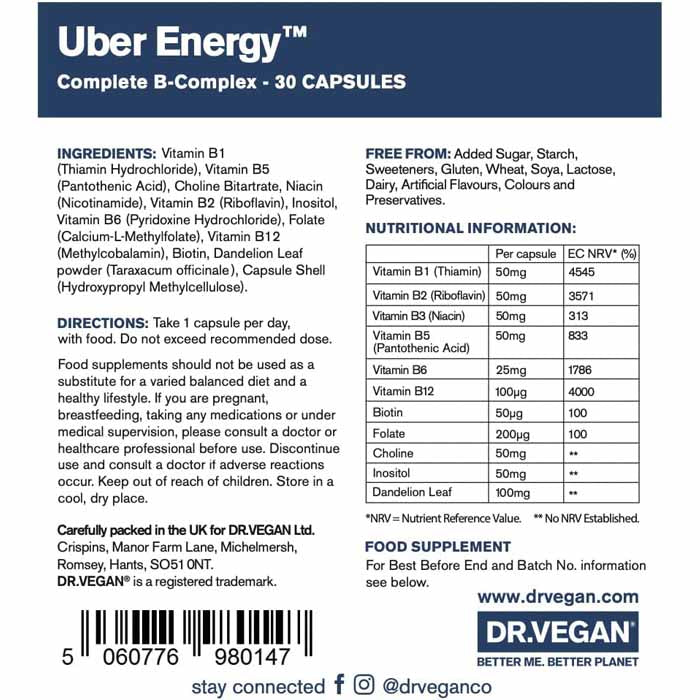 DR.VEGAN - Uber Energy B Vitamin Complex, 30 Capsules - back