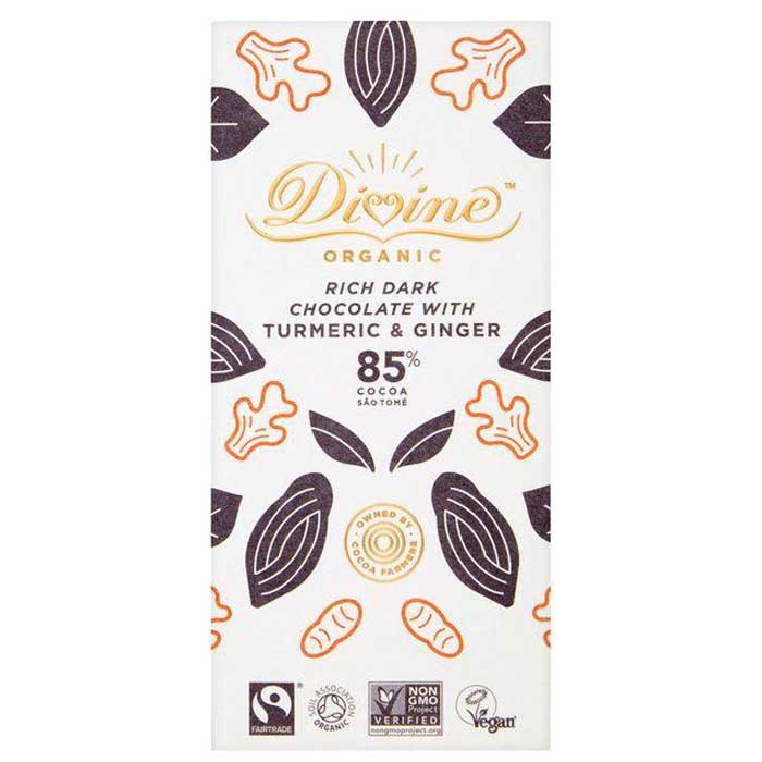 Divine - Organic Fairtrade 85% Dark Chocolate - with Tumeric & Ginger (1 Bar), 80g 