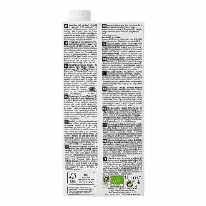 Ecomil - Organic Coconut Milk Sugar-Free, 1L - Back