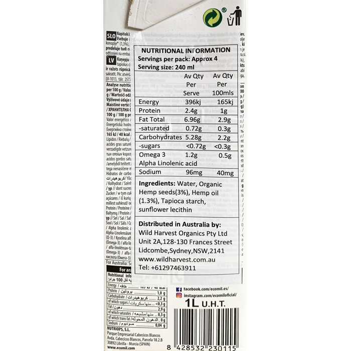 Ecomil - Organic Hemp Drink Sugar-Free, 1L - back