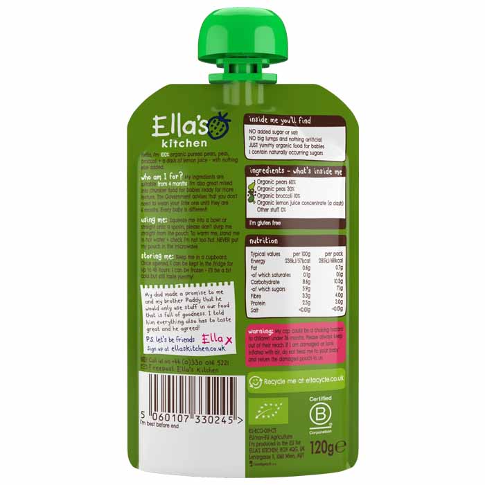Ella's Kitchen - Organic Pears, Pea & Broccoli, 120g  Pack of 7 - back