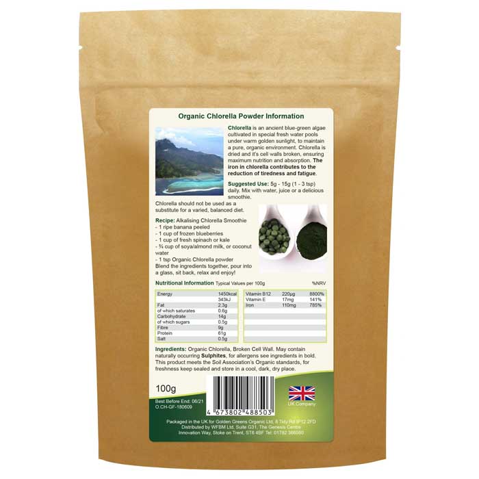 Golden Greens Organic - Organic Chlorella Powder, 100g - back