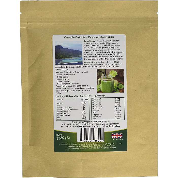 Golden Greens Organic - Organic Spirulina Powder, 200g back