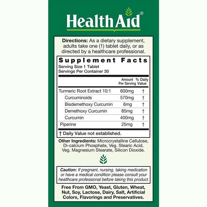 Health Aid - Curcumin 3, 30 tablets. - back
