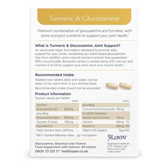 Healthspan - Turmeric & Glucosamine Joint Support, 60 Tablets back