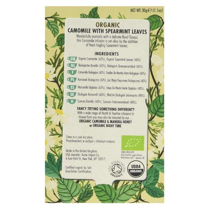 Heath & Heather - Organic Chamomile & Spearmint Tea, 20 Bags back