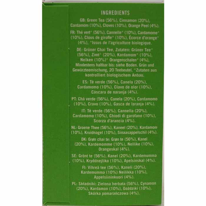 Higher Living - Organic Green Tea Chai, 20 Bags - back