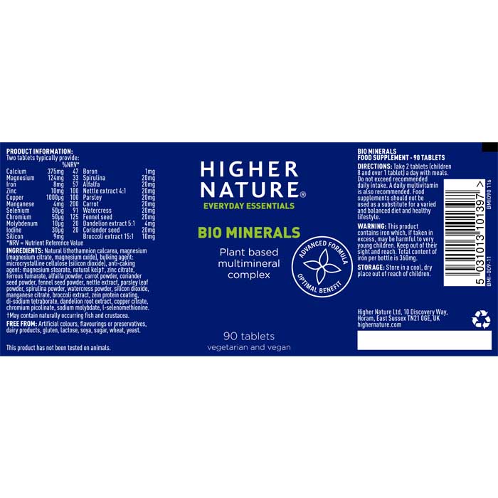 Higher Nature - Bio Minerals Multiminerals, 90 Tablets - back