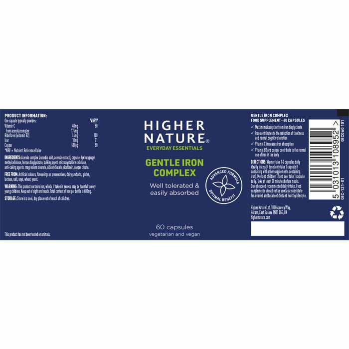 Higher Nature - Gentle Iron Complex 60 Capsules - back