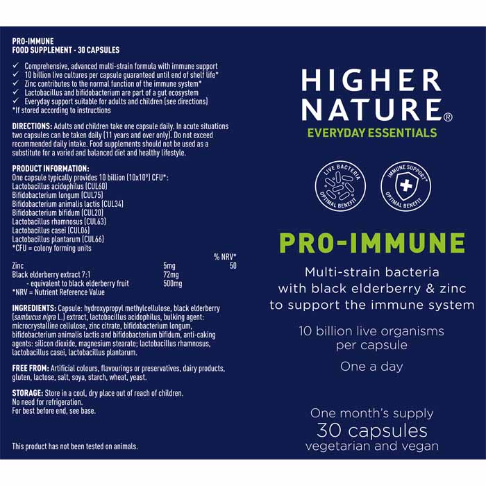 Higher Nature - Pro-Immune (Live Bacteria, Elderberry Extract & Zinc), 30 Capsules - back