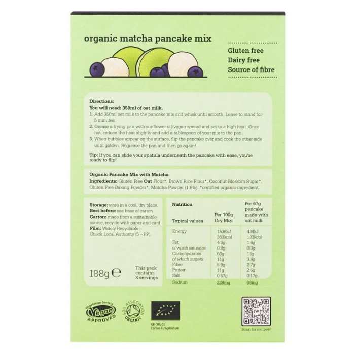 Just Wholefoods - Organic & Vegan Matcha Pancake Mix, 188g - back