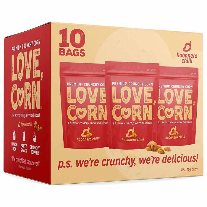 LOVE CORN - Premium Crunchy Corn - Habanero Chilli (45g) ,10-Pack