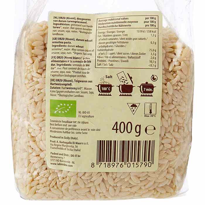 La Bio Idea - Organic White Orzo Pasta, 400g - back