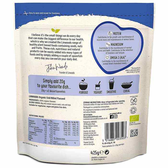 Linwoods - Cold Milled Organic Flaxseed, 425g - Back