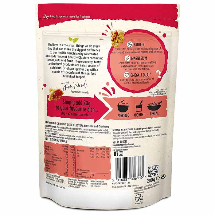 Linwoods - Crunchy Seed Clusters - Flaxseed & Cranberry, 200g - back