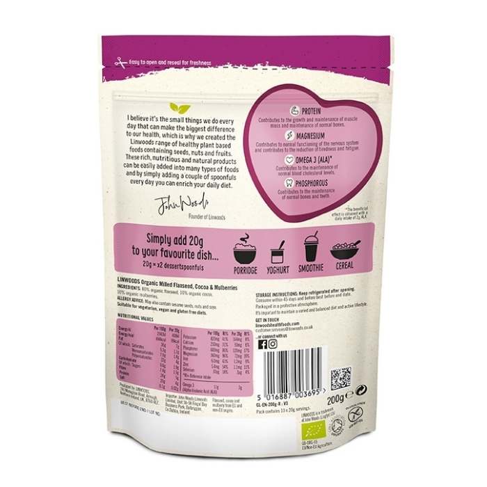Linwoods - Organic Flax Cocoa & Mulberry, 200g - back