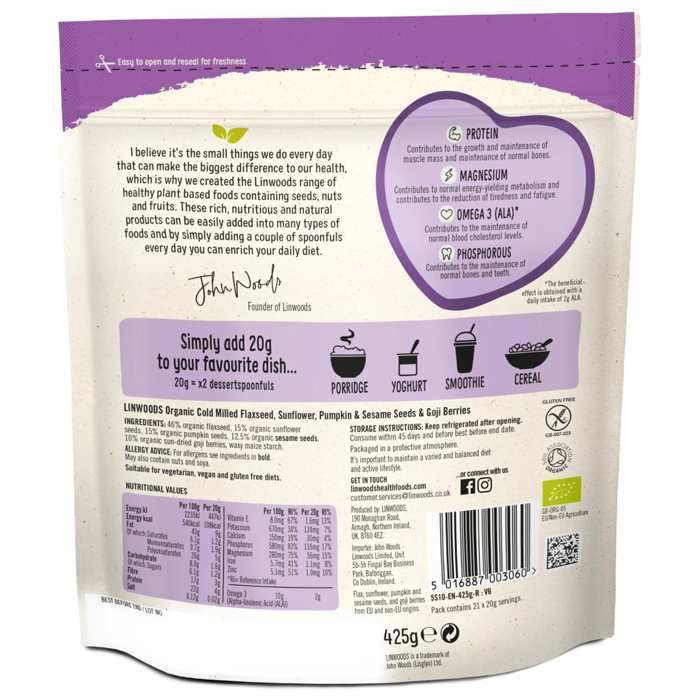 Linwoods - Organic Flax, Sunflower, Pumpkin, Chia Seeds & Goji Berry, 425g - back