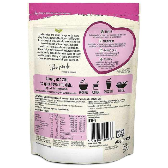Linwoods - Organic Flaxseed, Almonds, Brazil Nuts, Walnuts & Co-Enzyme Q10, 200g - back