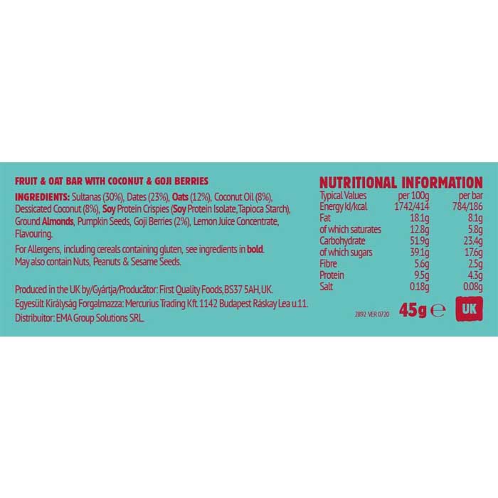 Ma Baker - Superfoods Bars - Coconut and Goji Berry, 45g  Pack of 16 - back