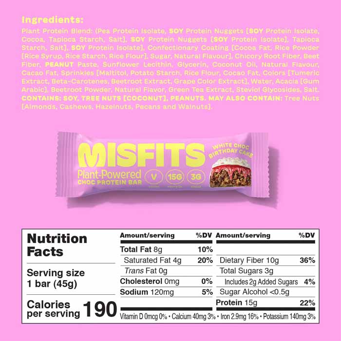 Misfits - Vegan Protein Bar - Birthday Cake (12 Bars), 45g - back