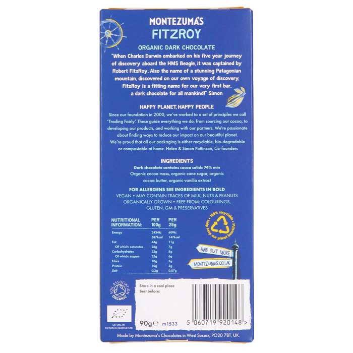 Montezuma's - Organic FitzRoy 74% Dark Chocolate, 90g - back