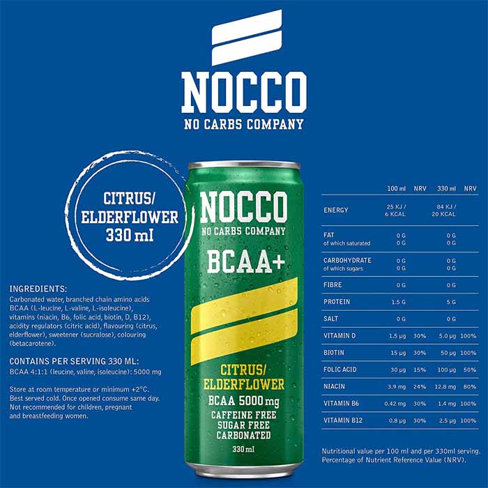 NOCCO - BCAA+ Energy Drinks - Citrus & Elderflower, 330ml - back